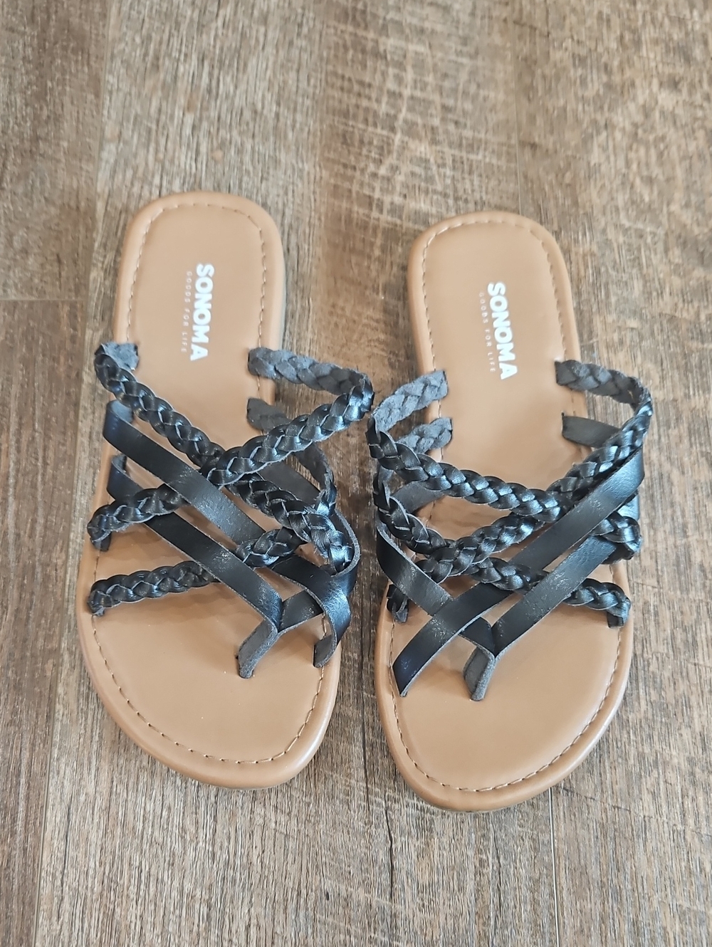 SONOMA Kids Black Braided Multi-Strap Slide Sandals with Tan Footbed